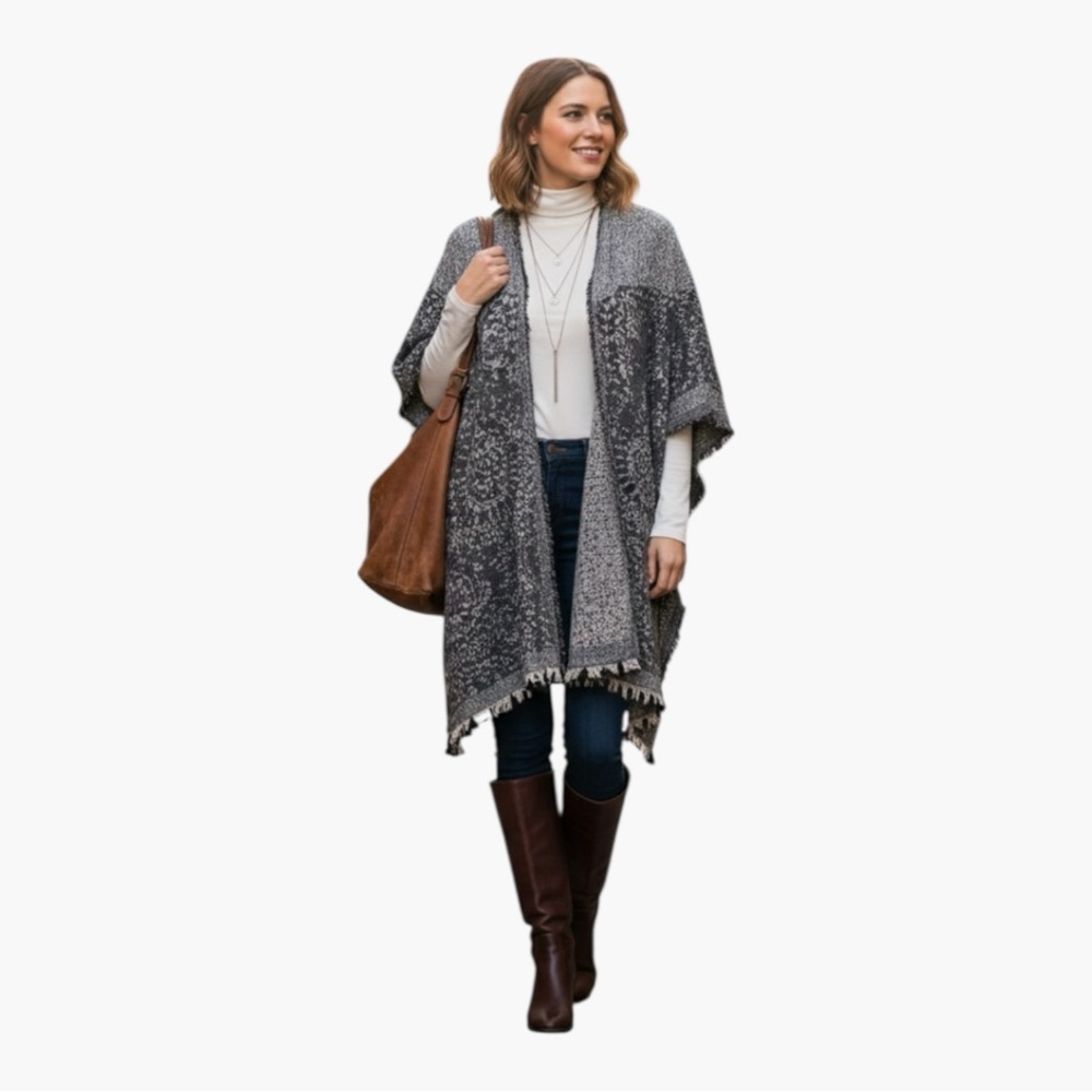 Beautiful Stories Jacquard Knit Poncho Wrap with Fringe in Charcoal & Gray SZ OS